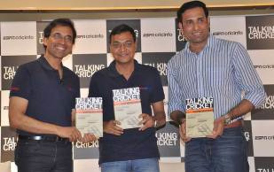 Harsha Bhogle, ESPNcricinfo editor Sambit Bal, and VVS Laxman at the launch of <i>Talking Cricket</i> in Hyderabad