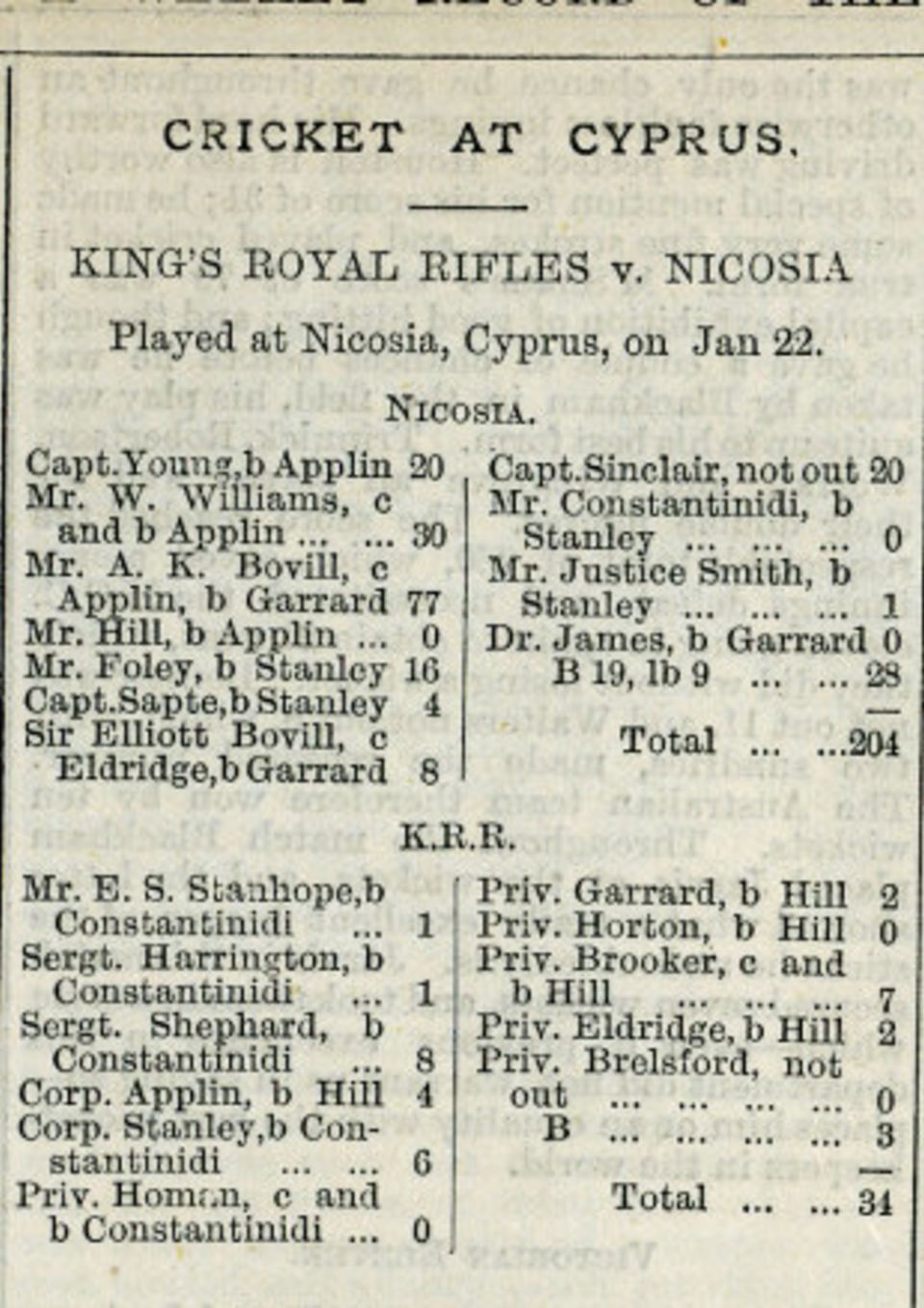 The scorecard from the King's Royal's Rifles v Nicosia game in 1886