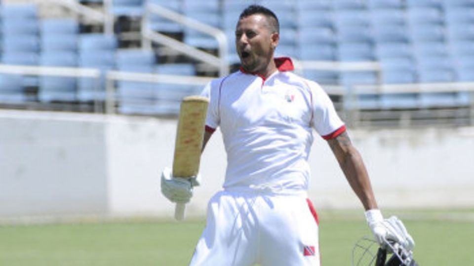 Rayad Emrit celebrates after Trinidad & Tobago scored the winning runs