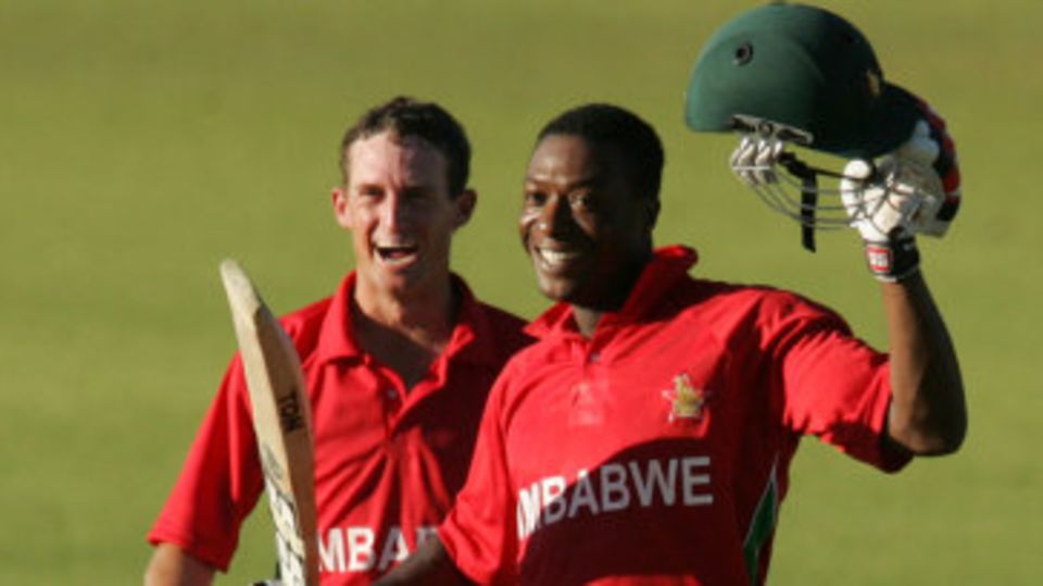 Vusi Sibanda celebrates after scoring the winning runs and his second ODI century