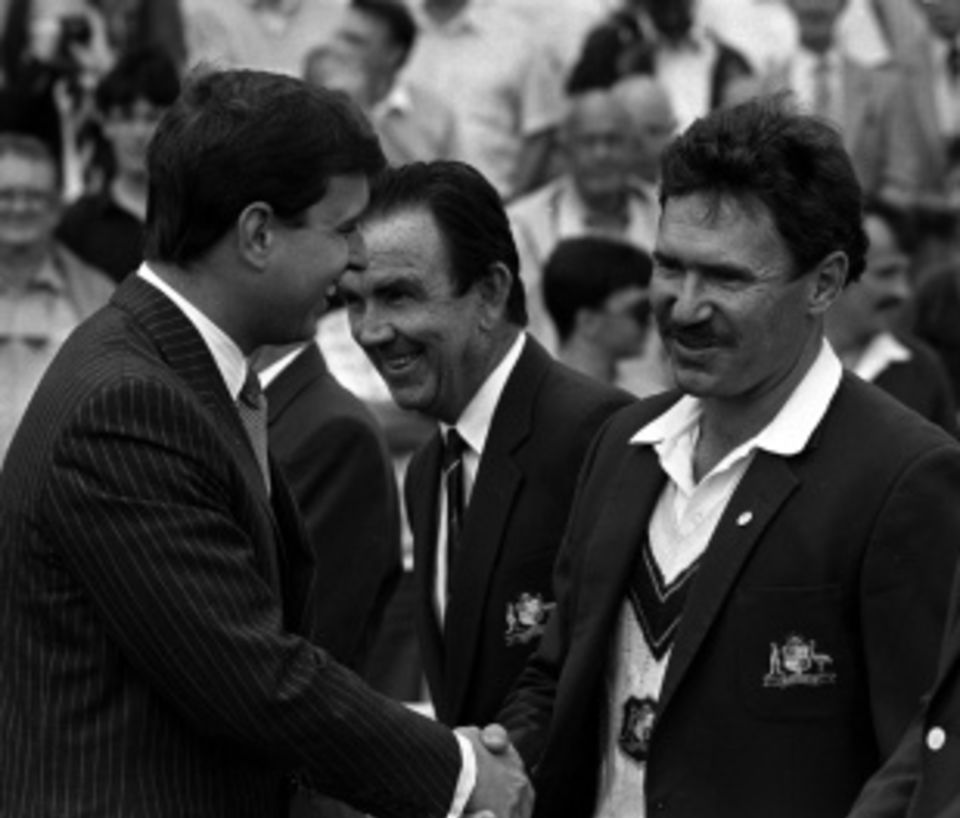 Prince Andrew shakes hands with Allan Border during the Old Trafford Test, 1989