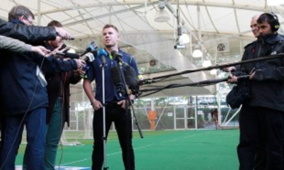 David Warner speaks to the media in Sydney on Thursday