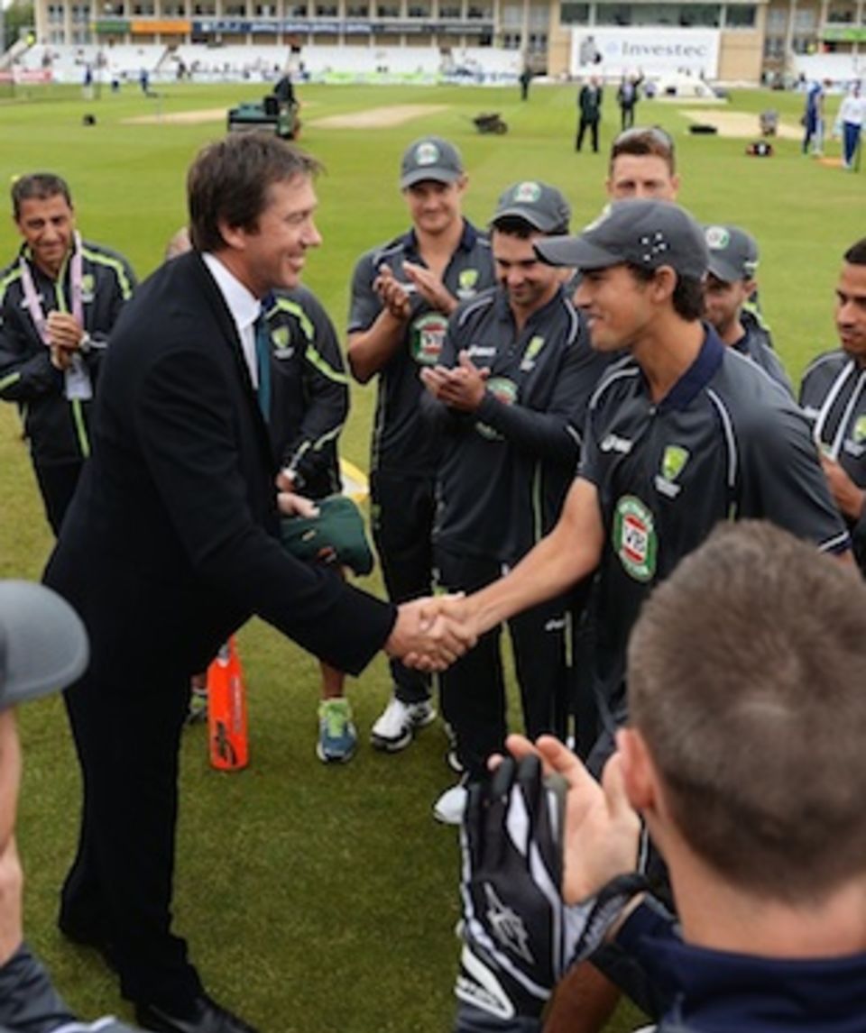 Ashton Agar was presented his baggy green by Glenn McGrath