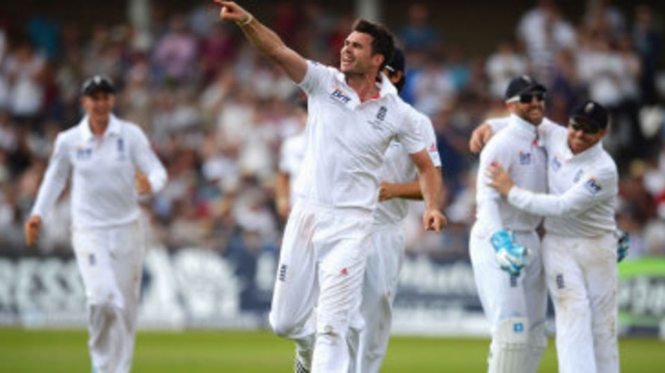 James Anderson gestures to the balcony after removing Chris Rogers