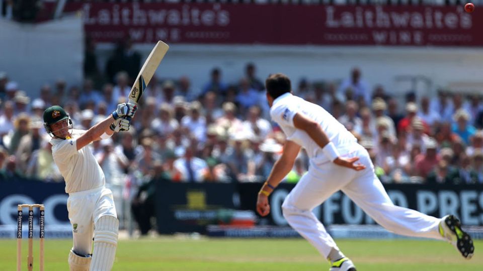 Brad Haddin took to Steven Finn during the tense finish at Trent Bridge in 2013 - it would be his last Test for two years