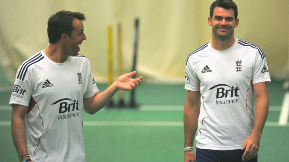 Graeme Swann and James Anderson share a laugh in the nets during their playing days