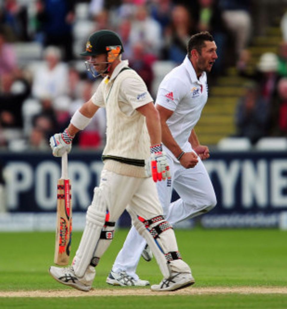 The breakthrough: 'Warner goes after a fine innings but he's been drawn forward here to one angled across him and gets a very thin nick to Prior'