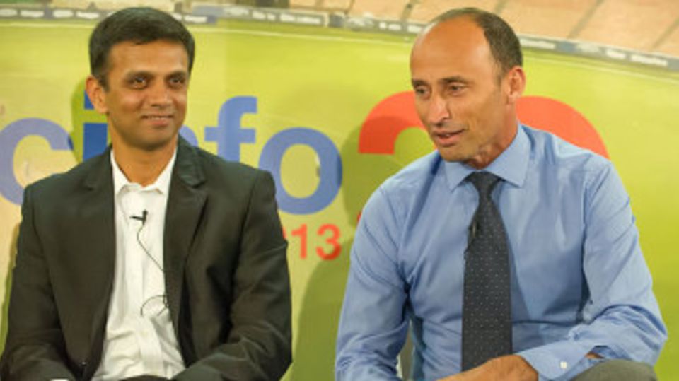 Rahul Dravid and Nasser Hussain at a panel discussion