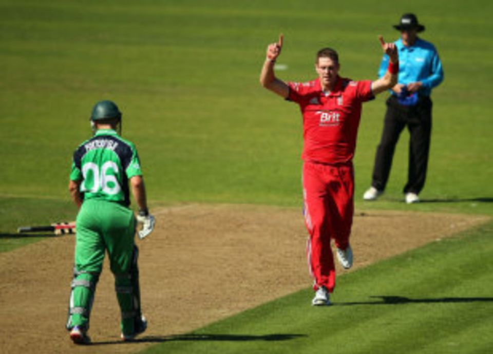 Boyd Rankin dismisses William Porterfield on his way to the best debut figures by an England bowler for eight years