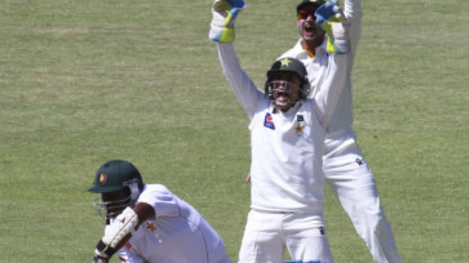 Pakistan players appeal for Shingi Masakadza's wicket