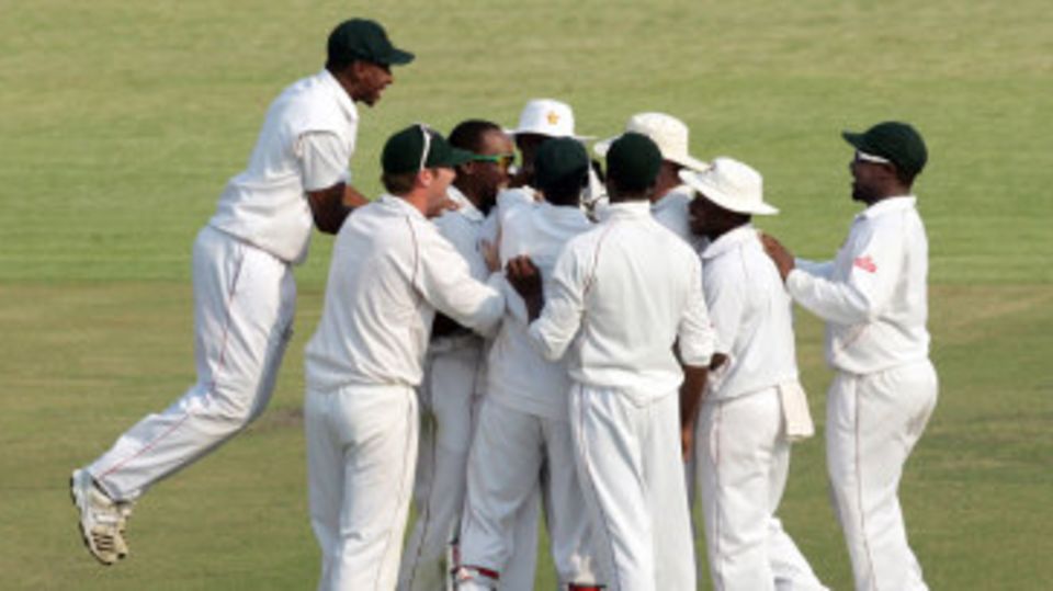 The Zimbabwe players celebrate a wicket
