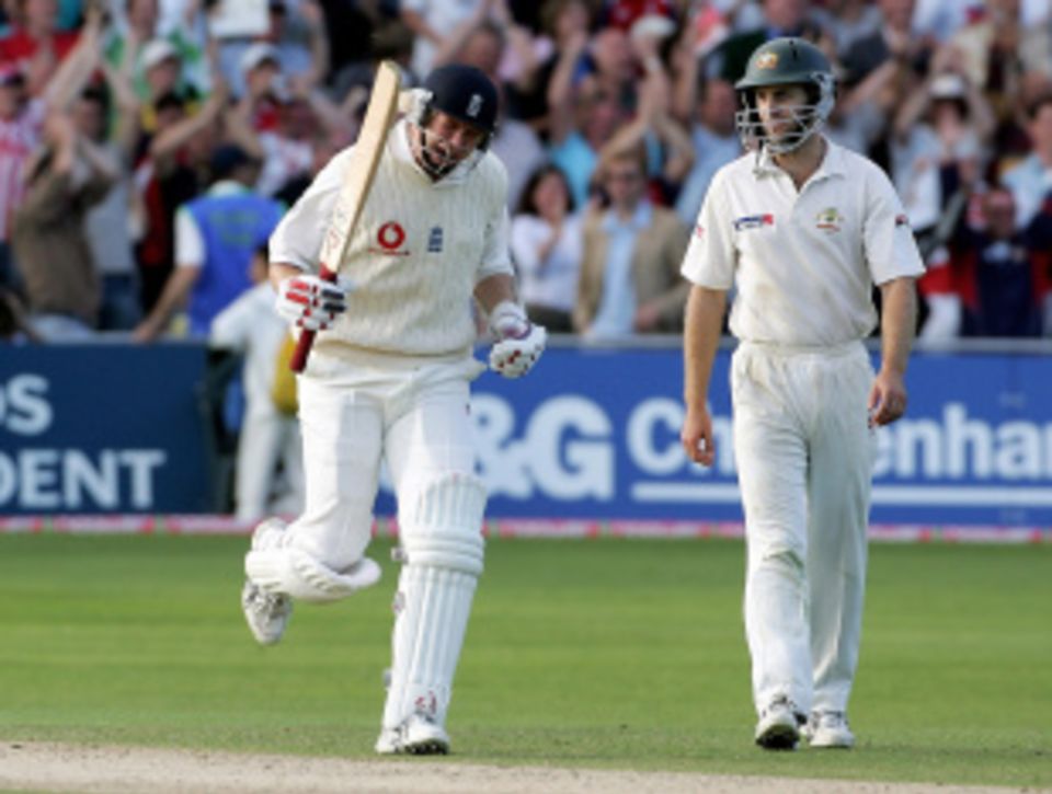 Hoggard celebrates England's three-wicket win over Australia at Trent Bridge, 2005