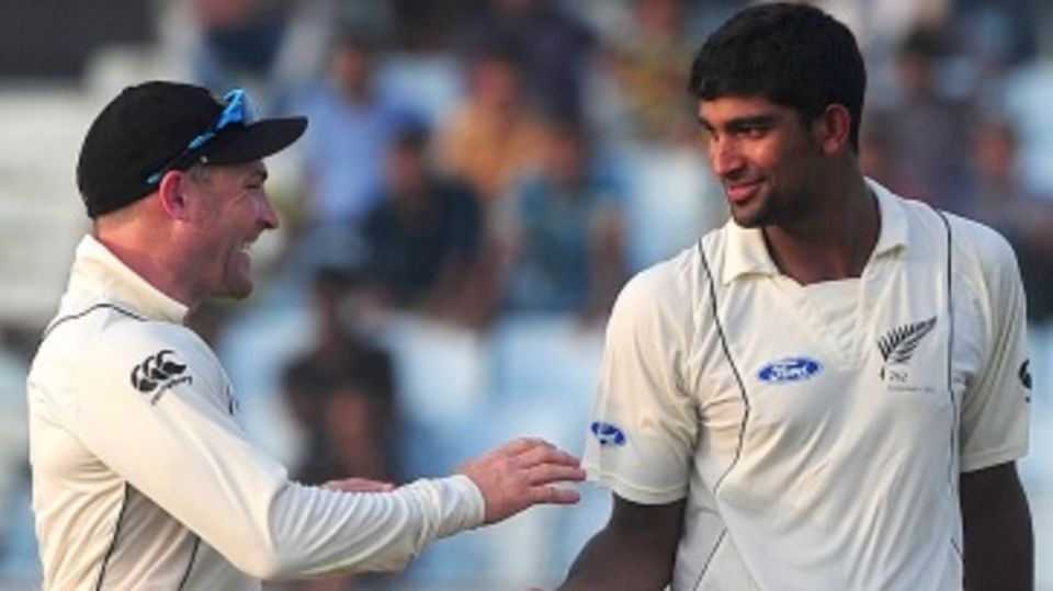 Ish Sodhi is congratulated after picking up Nasir Hossain's wicket
