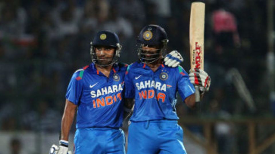 Rohit Sharma congratulates Shikhar Dhawan after the latter scored a fifty