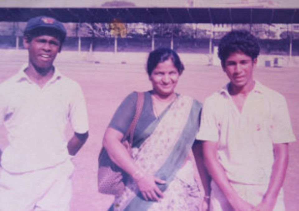 Shardashram school teacher Ragini Desai flanked by a young Vinod Kambli and Sachin Tendulkar