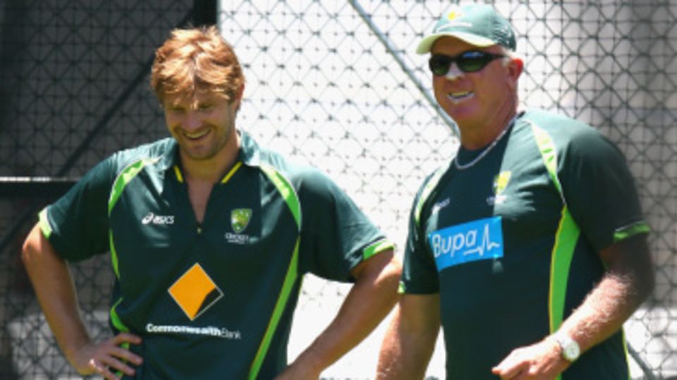 Shane Watson and Craig McDermott at a training session