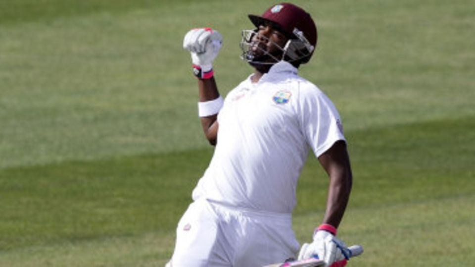 Darren Bravo leaps after scoring his maiden double-century