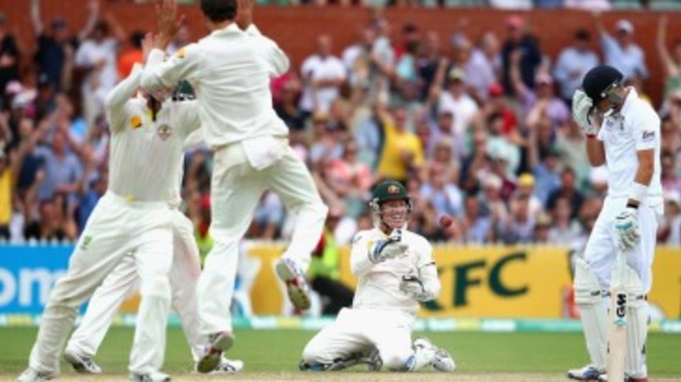 A disappointed Joe Root after being caught by Brad Haddin