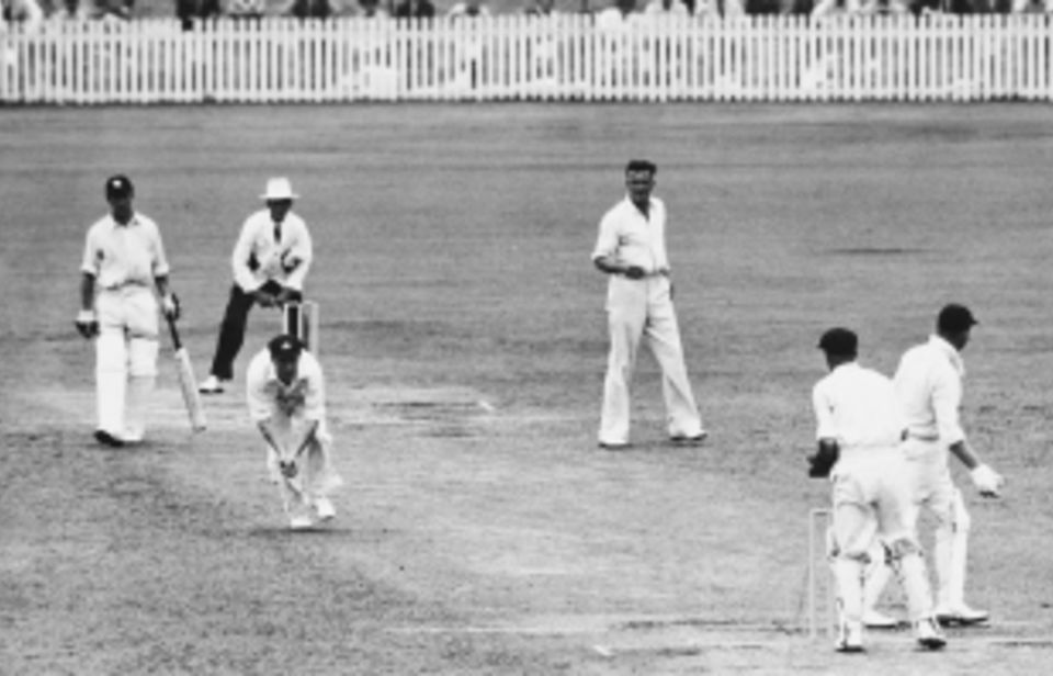 Sam Loxton takes a catch to dismiss Freddie Brown off the bowling of Jack Iverson in Brisbane, 1950