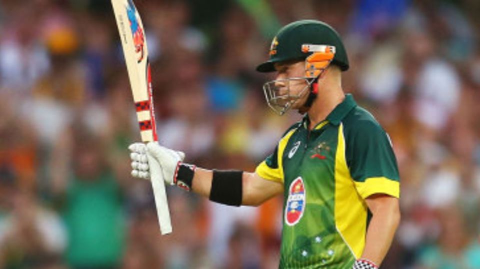 David Warner salutes the crowd on reaching fifty