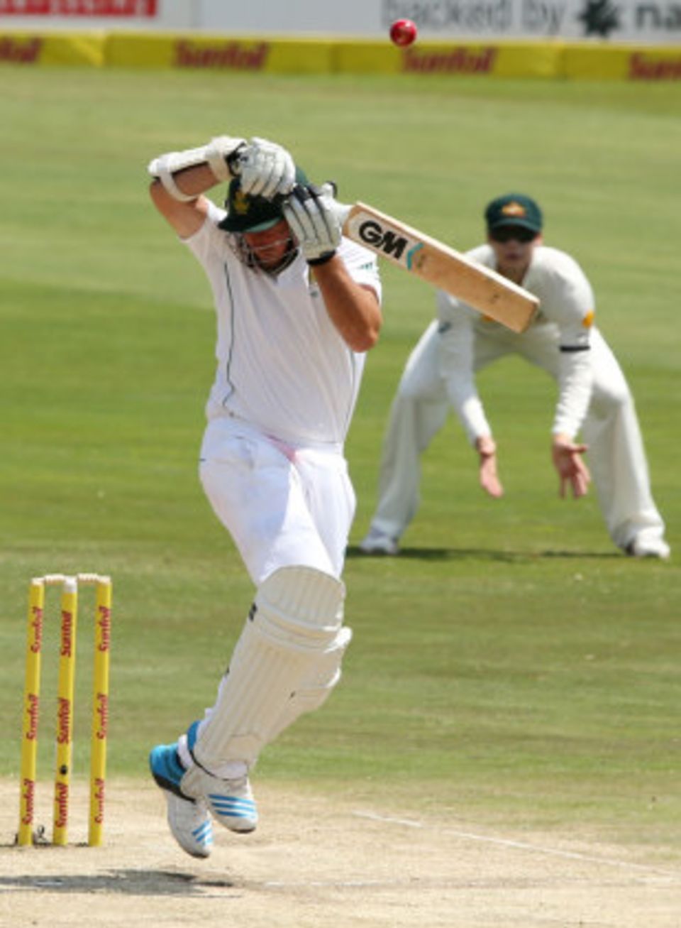 Graeme Smith could only fend a Mitchell Johnson short ball to the slips - at least his hand remained intact