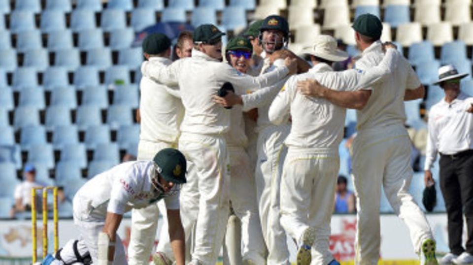 On their knees: Morne Morkel was run out as Australia wrapped up victory