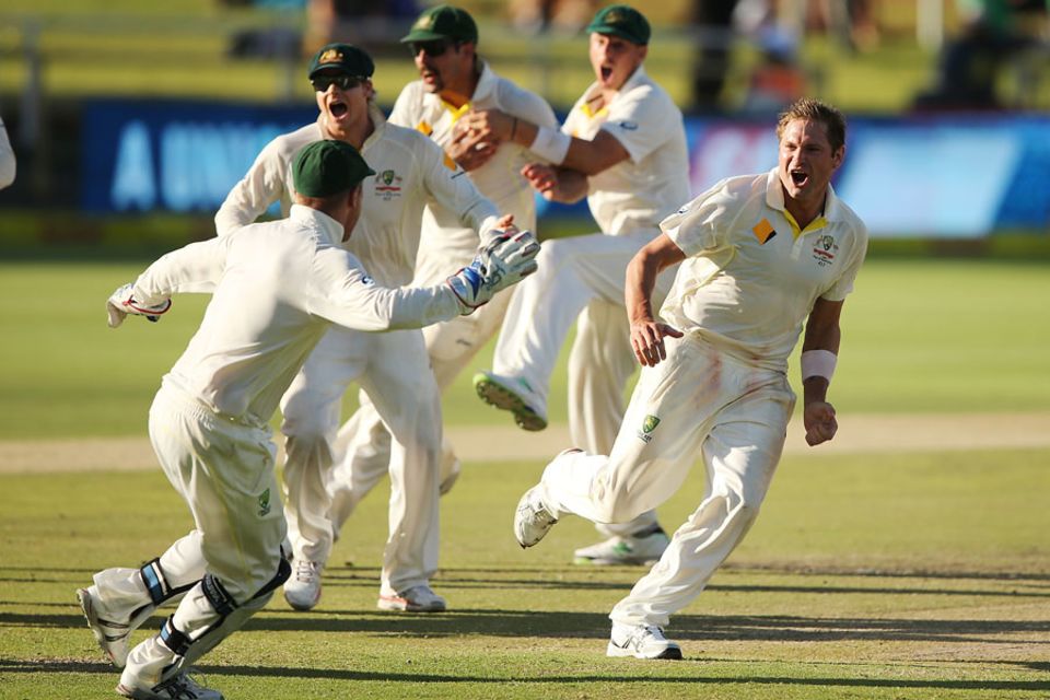 Ryan Harris wheels away in celebration after sealing the series for Australia