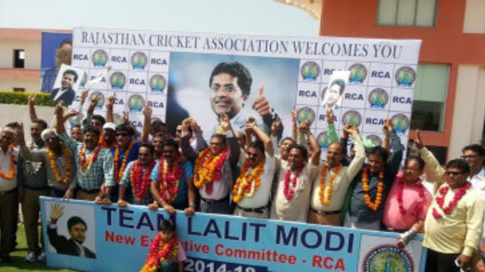 Lalit Modi's supporters celebrate after he is named Rajasthan Cricket Association president