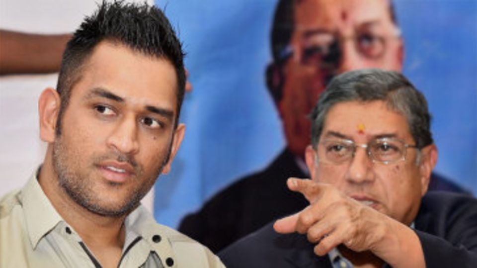MS Dhoni and N Srinivasan at a promotional event in Chennai