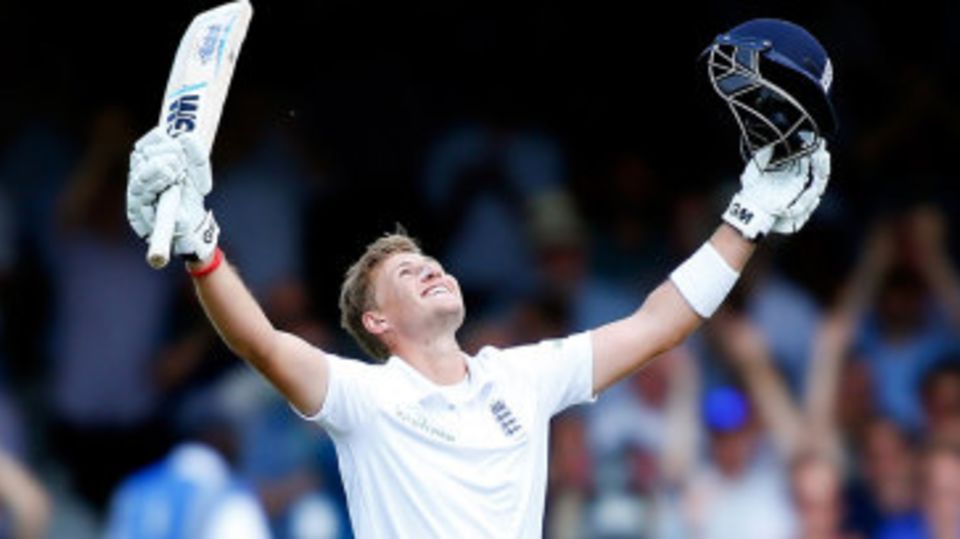 Joe Root greets the applause for his double-ton