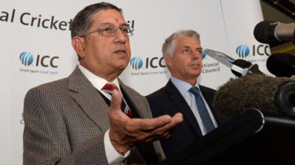 N Srinivasan addresses the media after taking over as ICC chairman