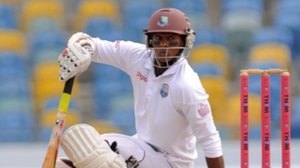 Shivnarine Chanderpaul gets out of the way of a bouncer