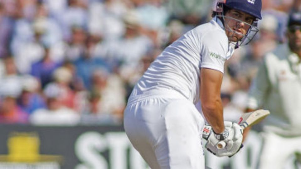 Alastair Cook turns around just in time to see his bails hit the ground