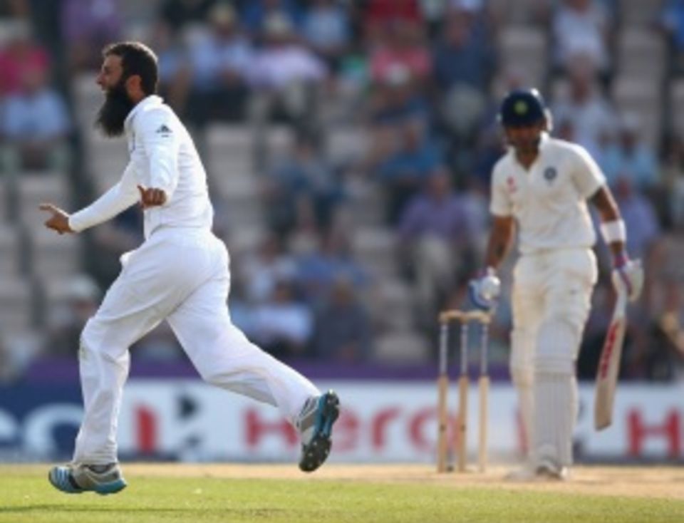Moeen Ali wheels away after dismissing Virat Kohli