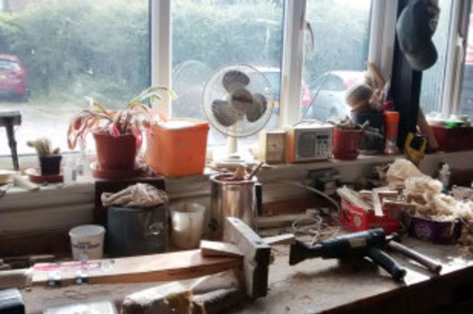 Chris King's workstation at the Gray Nicolls factory in Robertsbridge