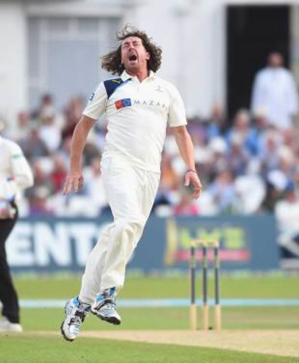 Ryan Sidebottom jumps for joy after removing Steven Mullaney