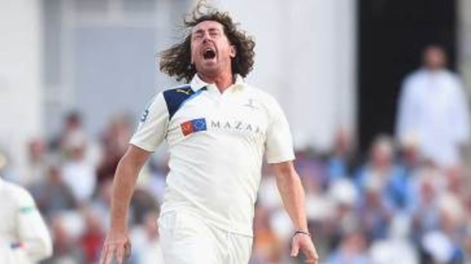 Ryan Sidebottom jumps for joy after removing Steven Mullaney
