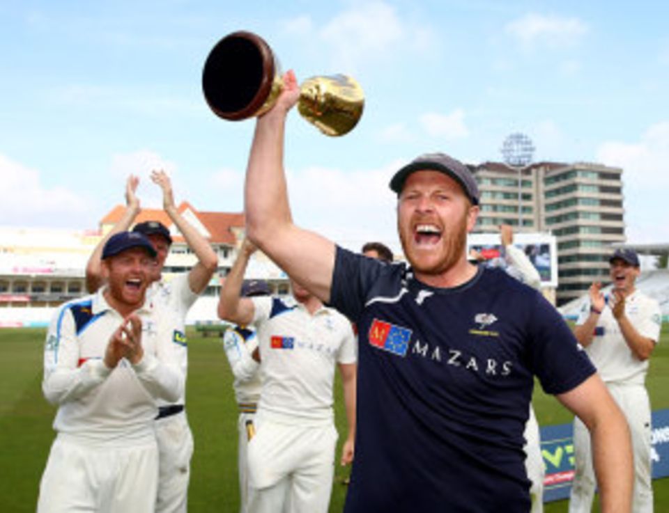 Andrew Gale, Yorkshire's suspended captain, had to wait until the official presentation had finished to get his hands on the Championship trophy