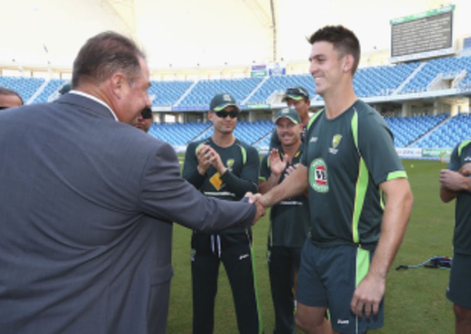 Geoff Marsh presented the baggy green to his son Mitchell
