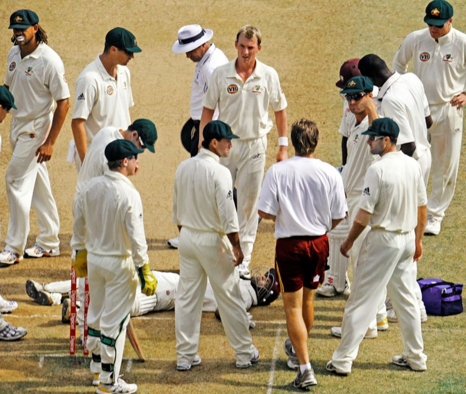 Chanderpaul felled by Lee in Jamaica: a moment whose immediate aftermath told of "cricket as an instrument of unity and identity in the region"