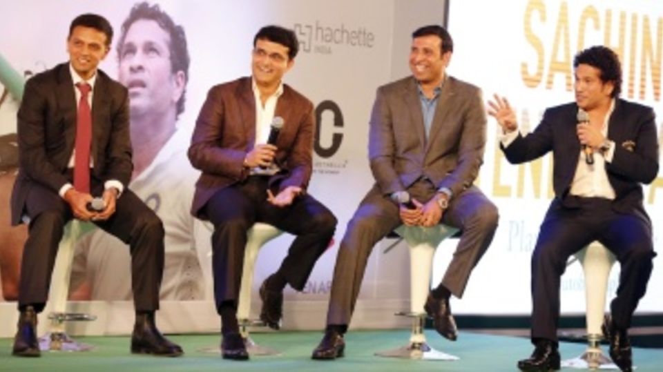 Rahul Dravid, Sourav Ganguly and VVS Laxman at the launch of Sachin Tendulkar's autobiography