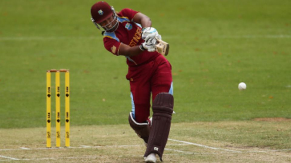 Hayley Matthews hammers the ball during her fifty