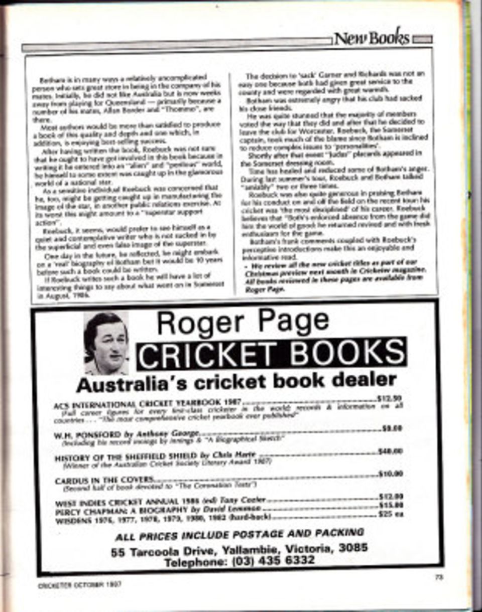 An advertisement for Page's wares that appeared in the <i>Cricketer</i> in 1987