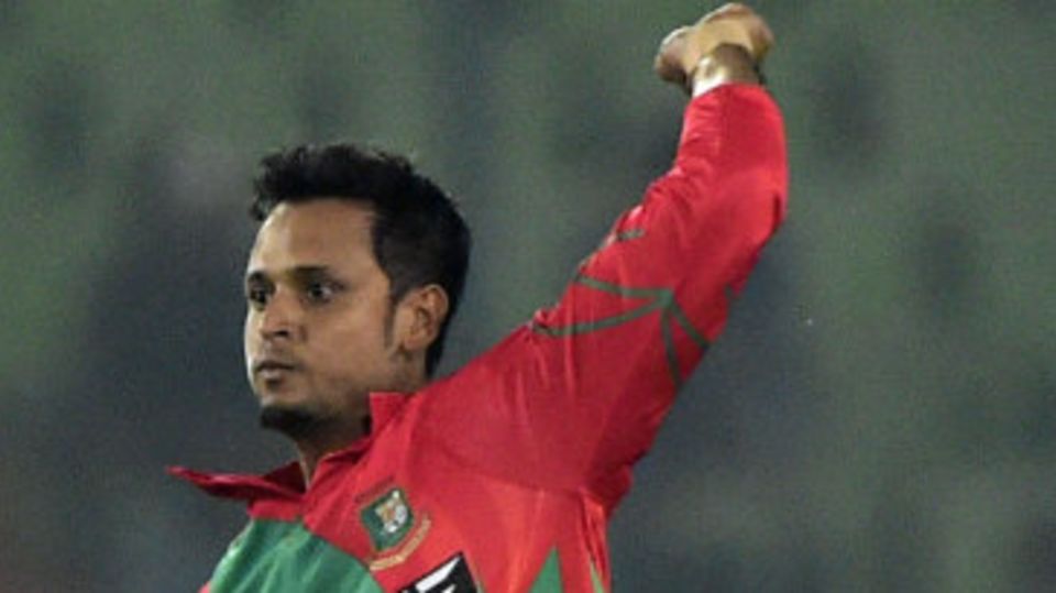 Left-arm spinner Arafat Sunny is thrilled after taking a wicket