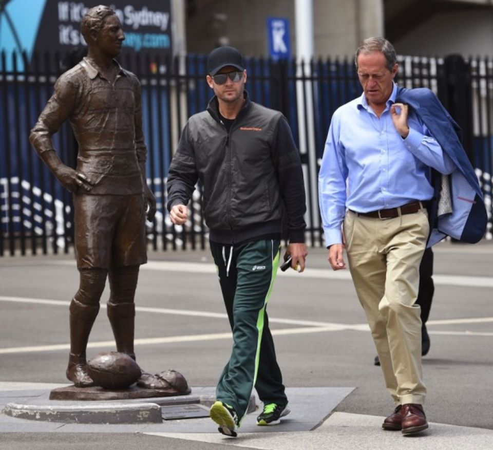 Michael Clarke and Cricket Australia doctor Peter Brukner at the SCG, the day after Phillip Hughes death