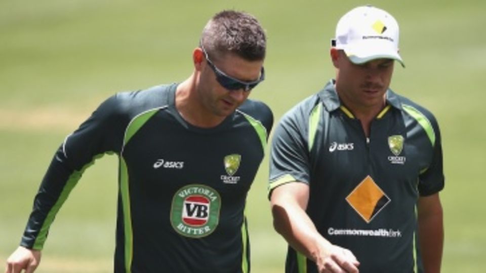 Michael Clarke and David Warner train at the Adelaide Oval