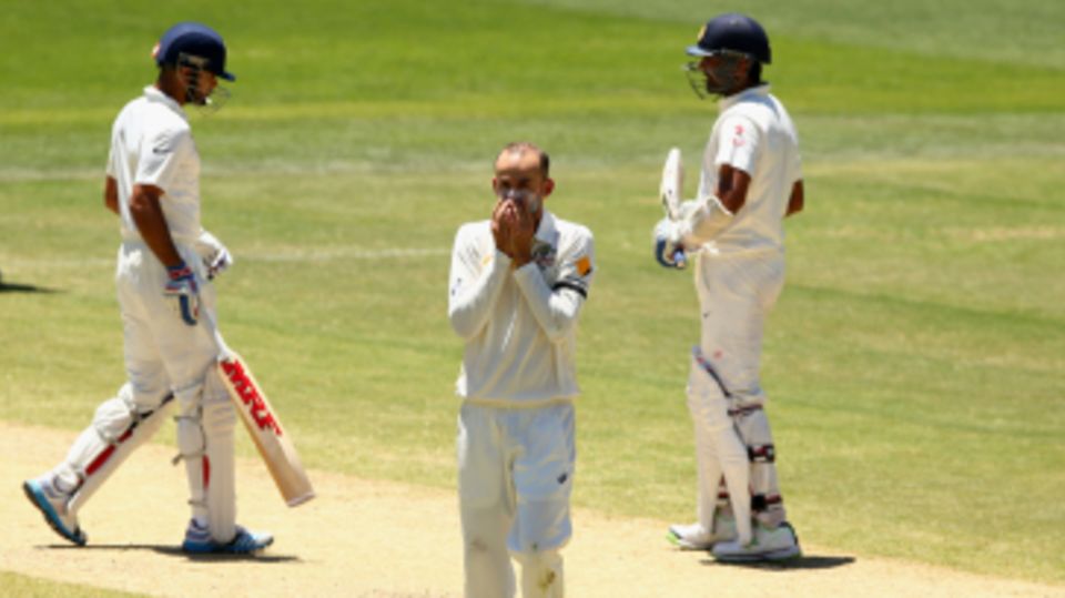 Nathan Lyon kept testing the batsmen, but Virat Kohli and M Vijay managed to add 185