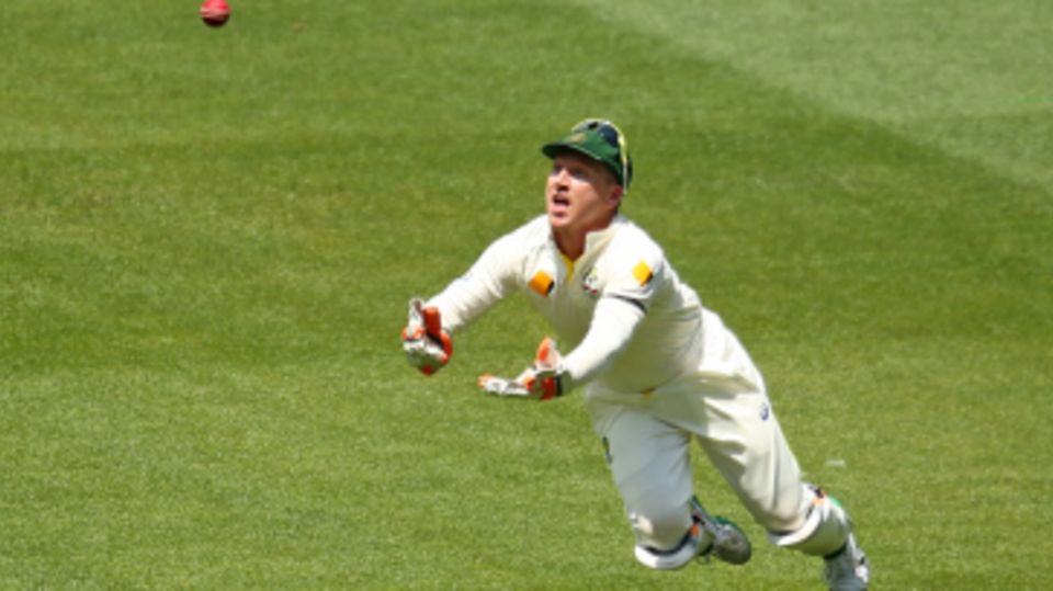 Brad Haddin was not able to reach a top edge from Virat Kohli