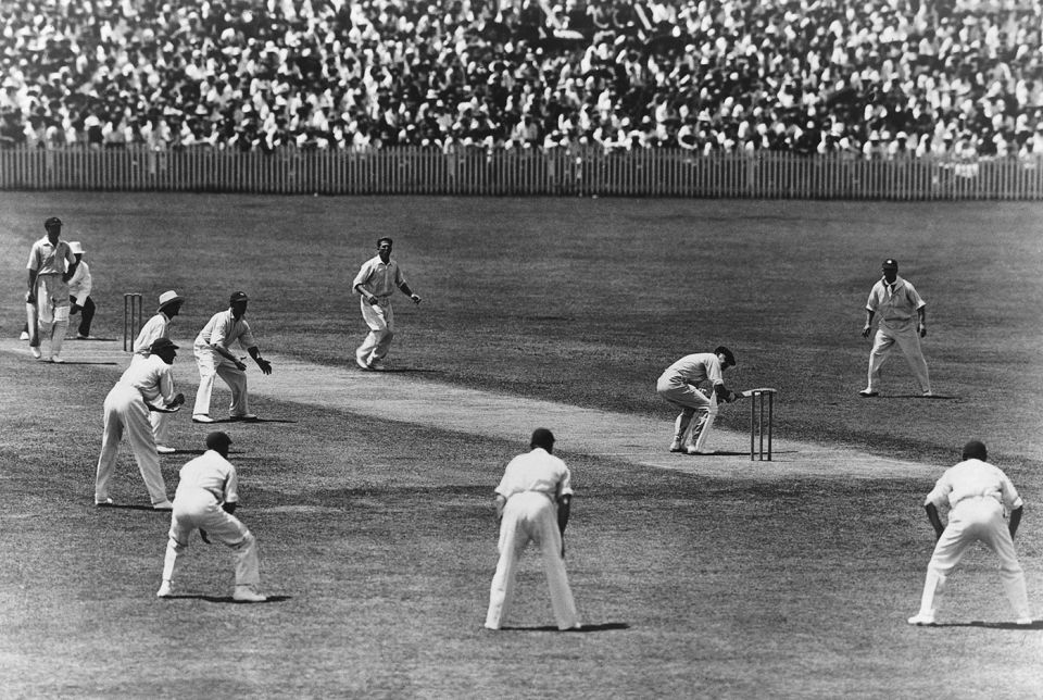 Bill Woodfull ducks a ball from Harold Larwood
