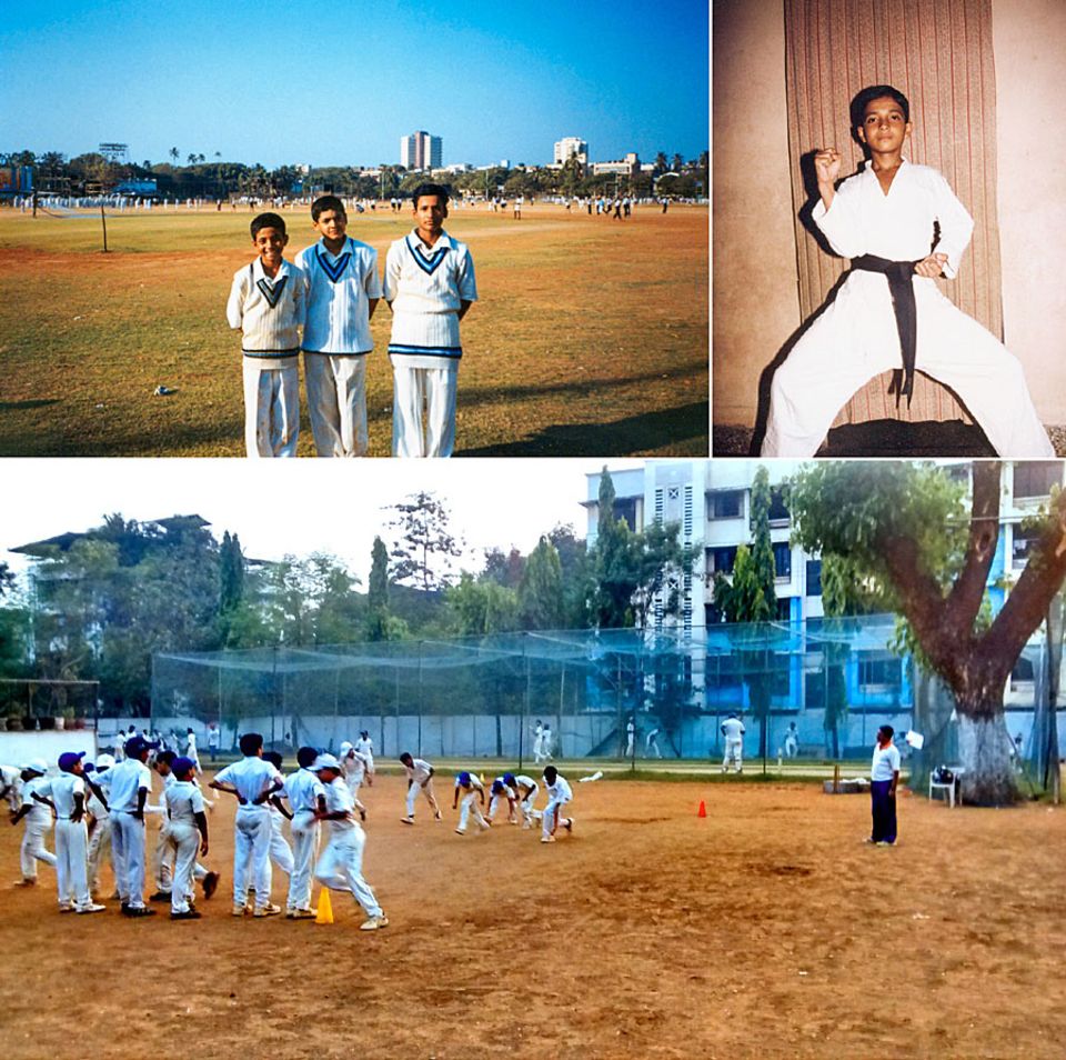 Scenes from a childhood: with his cricket-playing mates, in karate gear, the SV Joshi school ground (clockwise from top left)